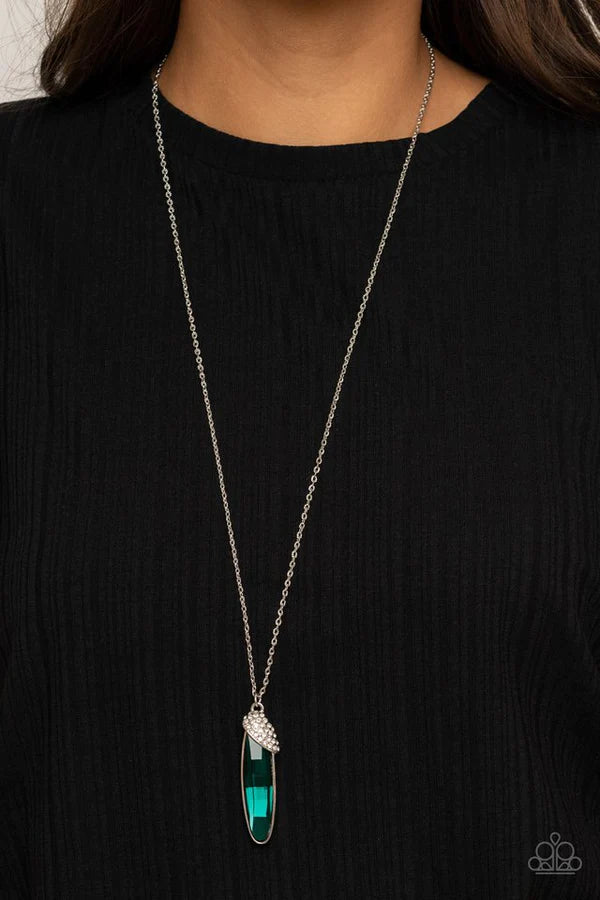 Spontaneous Sparkle - Oversized Green Oval Slanted Encrusted Necklace N#572