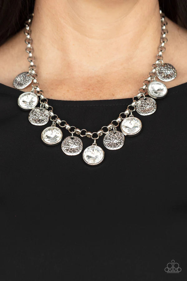 Spot On Sparkle - Oversized White/Silver Gems Hammered Disc Fringe Necklace N#040
