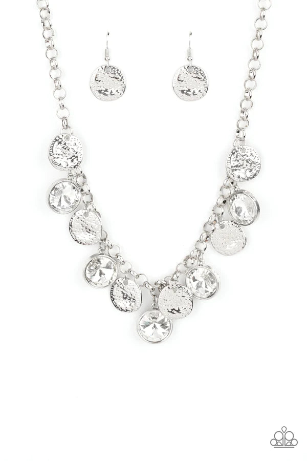 Spot On Sparkle - Oversized White/Silver Gems Hammered Disc Fringe Necklace N#040