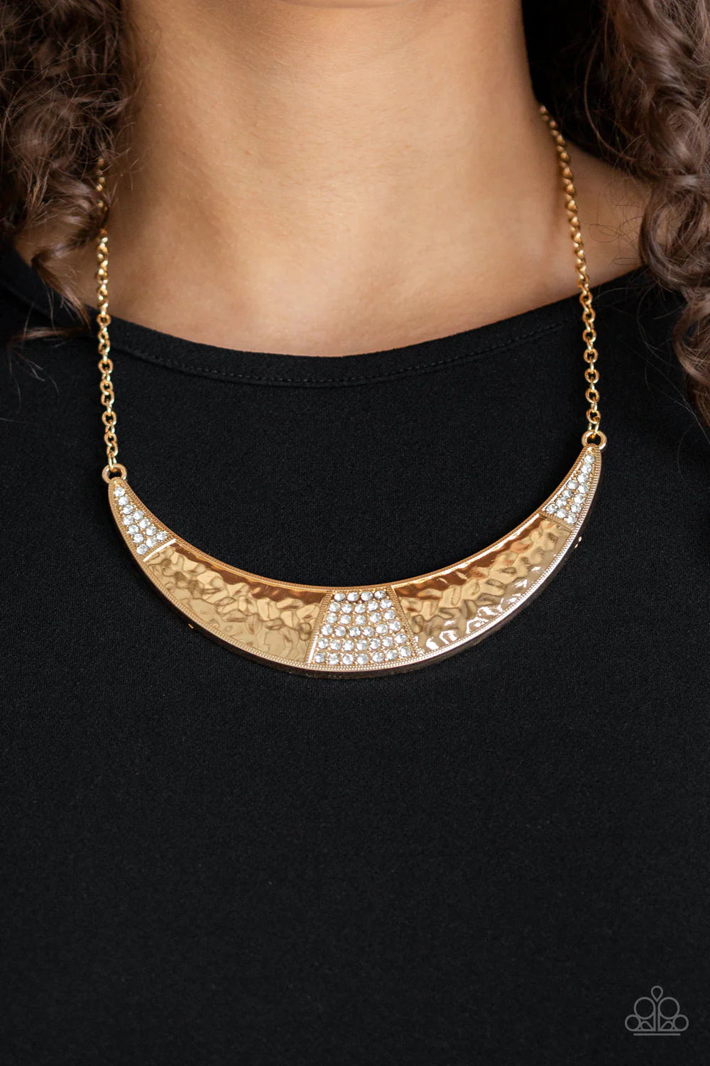 Stardust - Gold Half-Moon Hammered  Encrusted Plate Necklace N#887