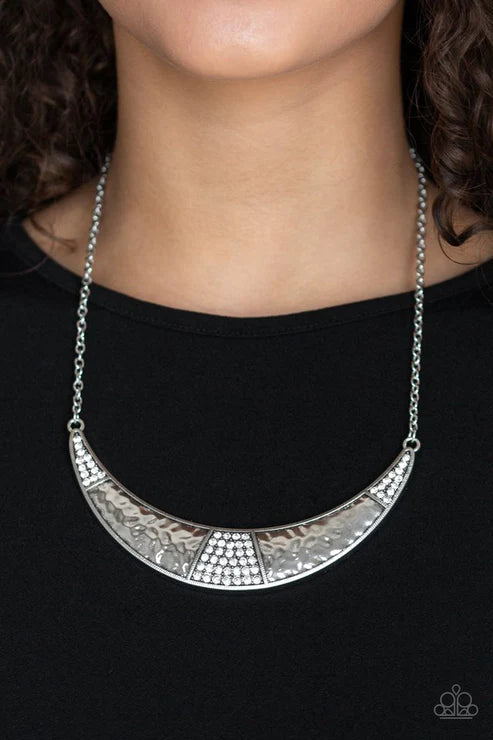 Stardust - White Half-Moon Hammered  Encrusted Plate Necklace N#2569