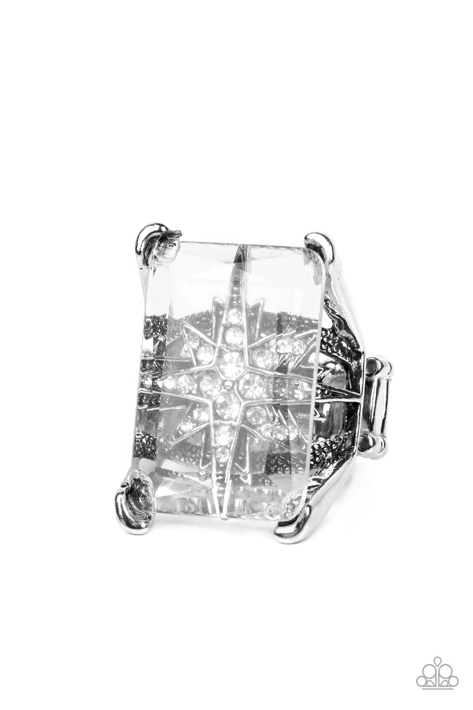 Starry Serenity - Oversized White Encrusted Dotted Star Twinkles Behind Glassy Pane Floats Pronged Frame Stellar Statement Ring R#216
