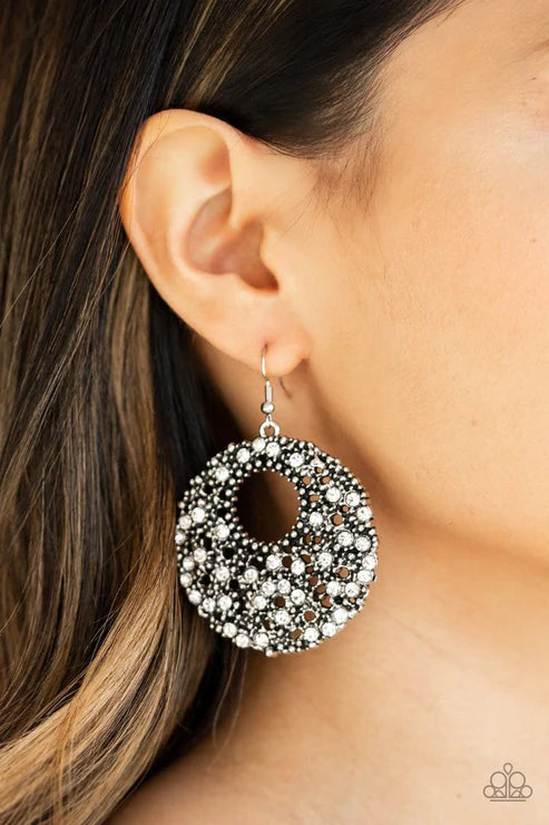 Starry Showcase - Oversized White Collision Antiqued Studs Coalesce Encrusted Hoop Earrings E#1727