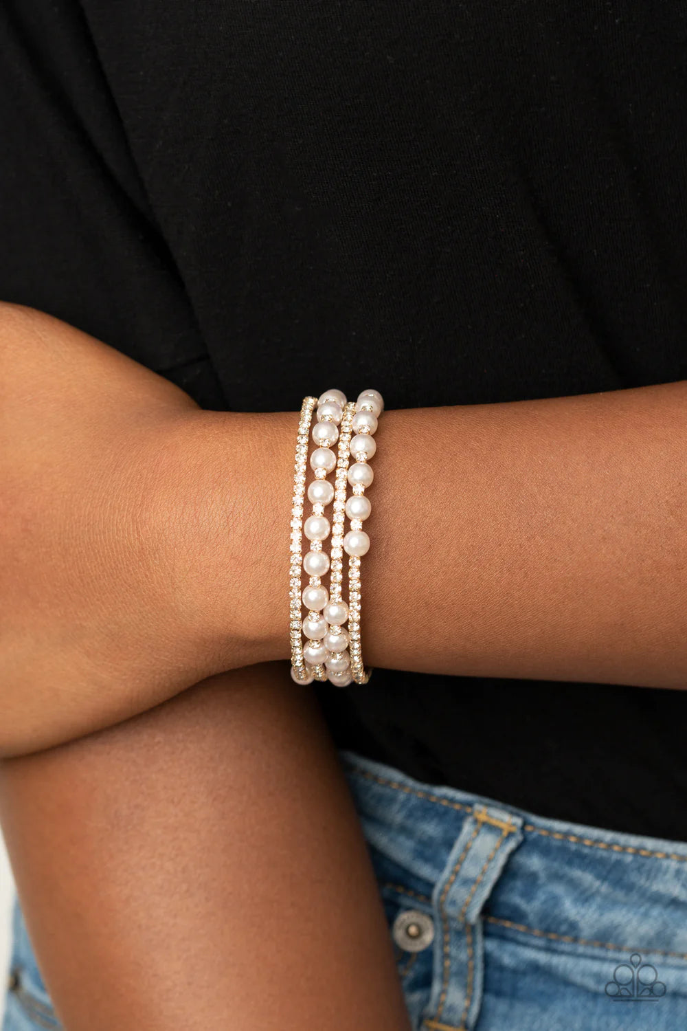 Starry Strut - Gold Pearl Encrusted Coiled Infinity Wrap Bracelet B#392