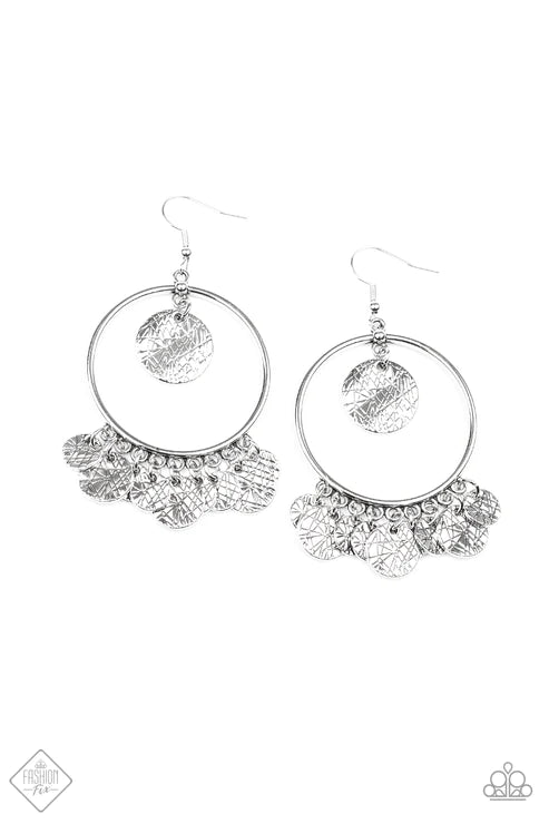 Start From Scratch - Oversized Silver Etched Discs Crisscrossing Texture Fringe Suspended Hoop Earrings E#2203