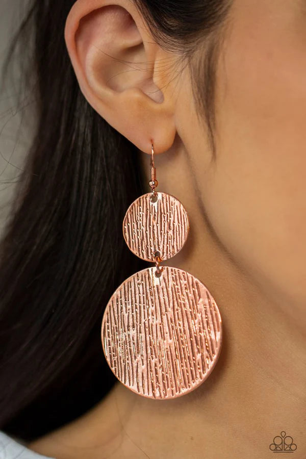 Status CYMBAL - Oversized Copper Duo Mismatched Embossed Tactile Linear Discs Link Earrings E#279