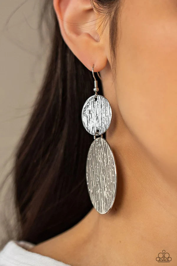 Status CYMBAL - Oversized Silver Duo Mismatched Embossed Tactile Linear Discs Link Earrings E#043