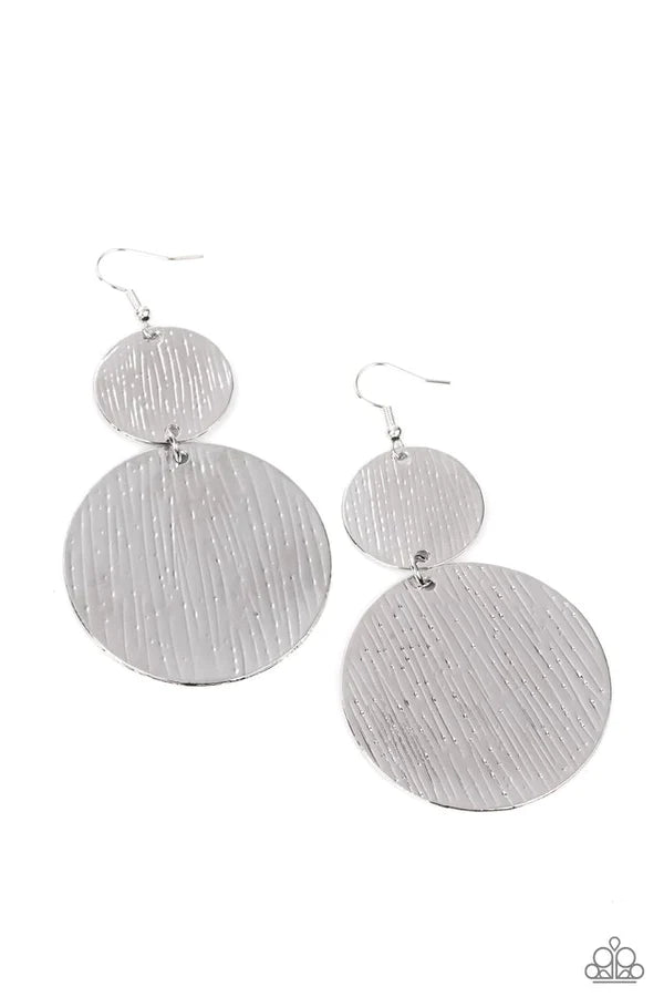 Status CYMBAL - Oversized Silver Duo Mismatched Embossed Tactile Linear Discs Link Earrings E#043