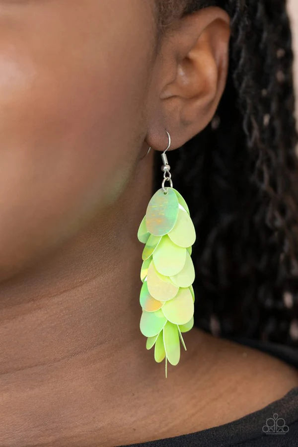Stellar In Sequins - Oversized Green Iridescent Shimmer Oval Sequins Cascade Fringe Earrings E#056