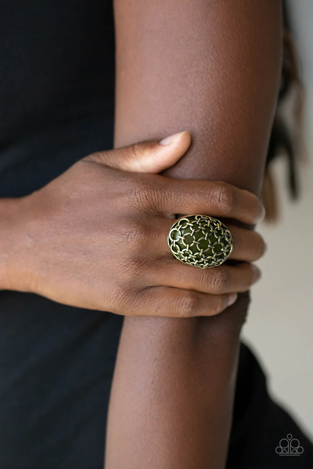 Stellar Scope - Oversized Green/Brass Oval Mesh Cat's Eye Moonstone Ring R#221