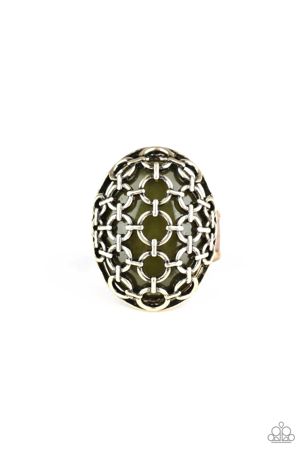 Stellar Scope - Oversized Green/Brass Oval Mesh Cat's Eye Moonstone Ring R#221