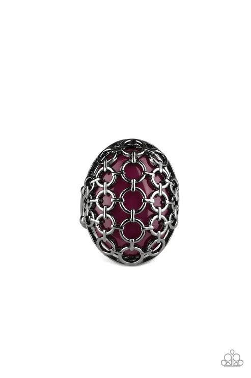 Stellar Scope - Oversized Purple/Gunmetal Oval Mesh Cat's Eye Moonstone Ring R#1576