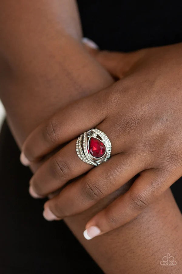 Stepping Up The Glam - Oversized Red (Fiery) Infused Smoky Encrusted Teardrop Asymmetrically Nestled Overlapping White Encrusted Refined Flair Ring R#140
