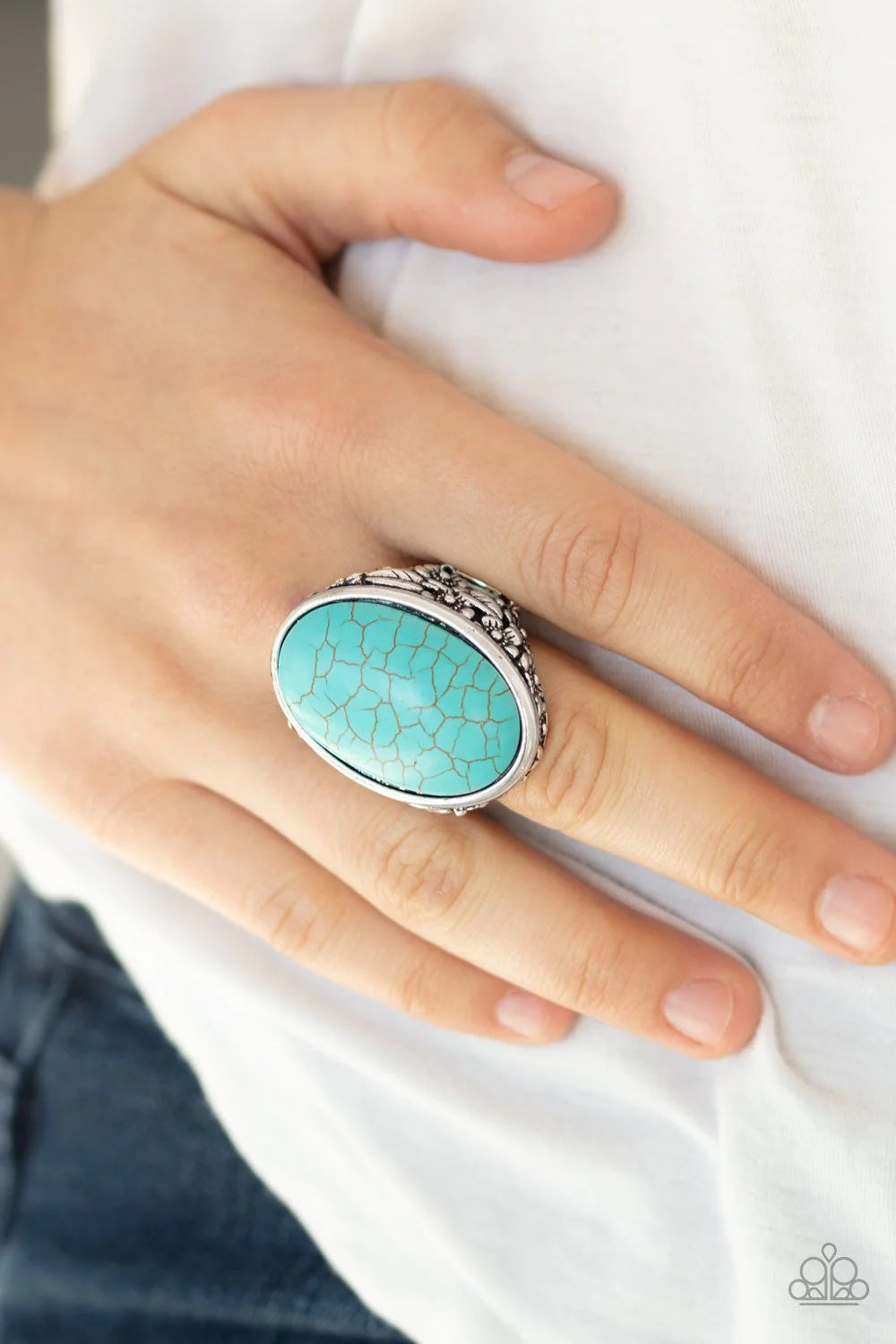 Stonehenge Garden - Oversized Blue Dramatic Stone Frame Embossed Leafy Flowers Ring R#1228