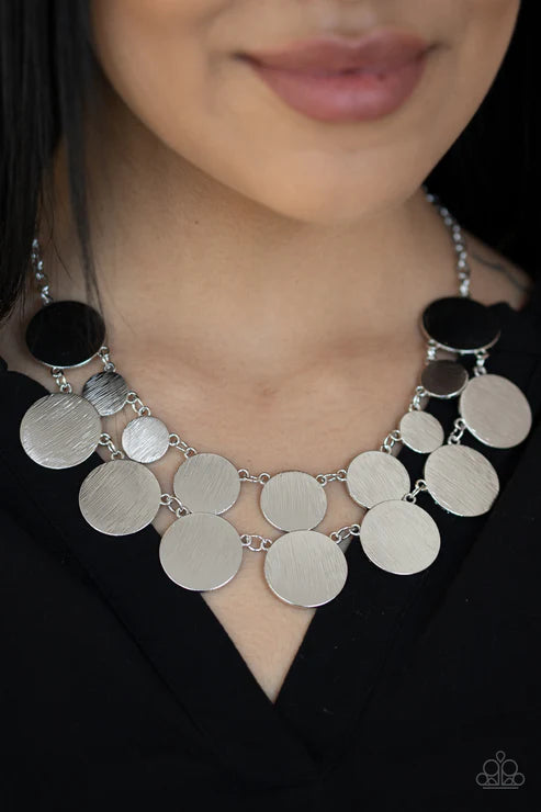 Stop and Reflect - Oversized Silver Blinding Scratch Shimmer Discs Link Radiant Rows Necklace N#2548