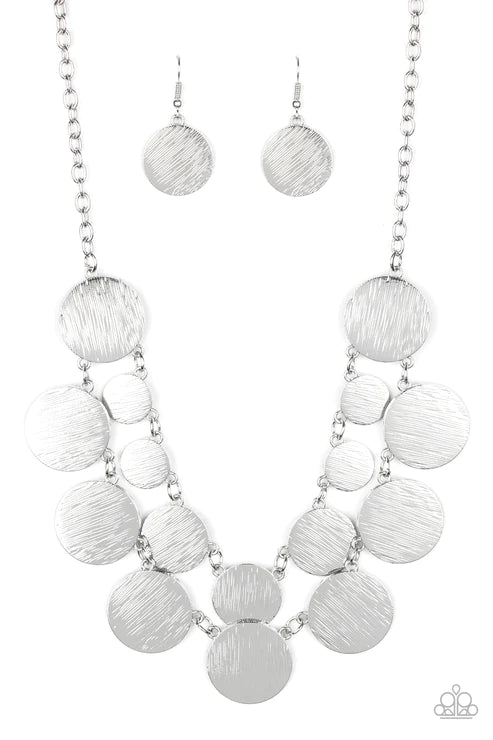 Stop and Reflect - Oversized Silver Blinding Scratch Shimmer Discs Link Radiant Rows Necklace N#2548