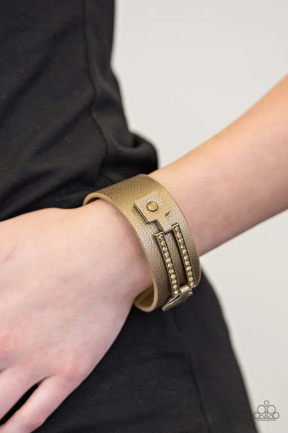Street Glam - Metallic Brass/Brown Golden Topaz Studded Encrusted Leather Bracelet B#1076