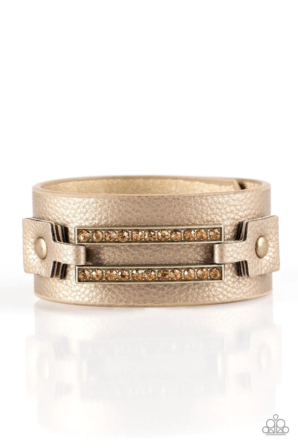 Street Glam - Metallic Brass/Brown Golden Topaz Studded Encrusted Leather Bracelet B#1076