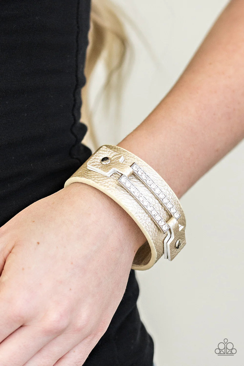 Street Glam - Metallic Gold Studded Encrusted Leather Bracelet B#1070