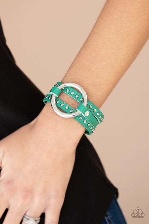 Studded Statement-Maker - Oversized Green Spliced Studded Hoop Leather Bracelet B#1815