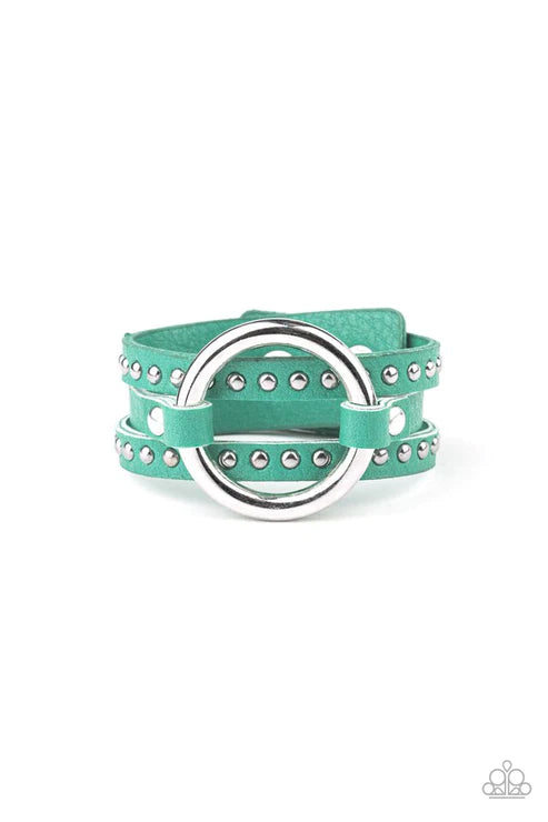 Studded Statement-Maker - Oversized Green Spliced Studded Hoop Leather Bracelet B#1815