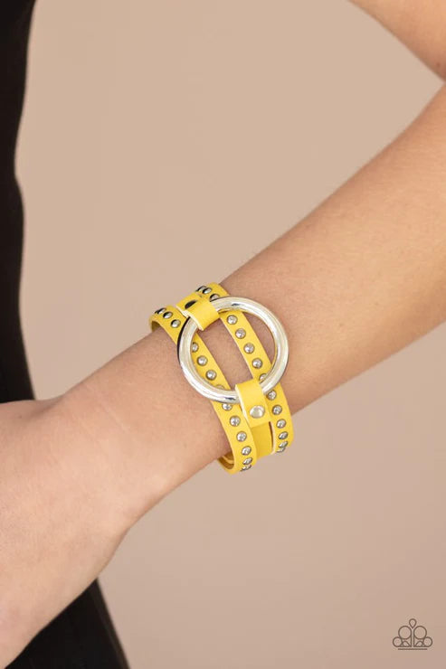 Studded Statement-Maker - Oversized Yellow Spliced Studded Hoop Leather Bracelet B#278