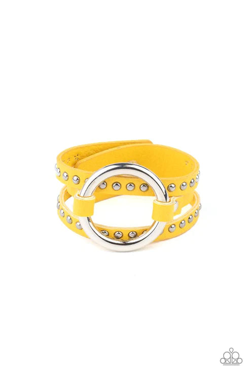 Studded Statement-Maker - Oversized Yellow Spliced Studded Hoop Leather Bracelet B#278