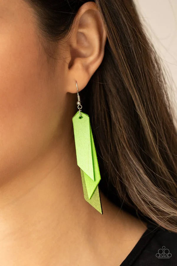 Suede Shade - Green Ombre Angled Tapered Tassel Suede Leather Earrings E#196