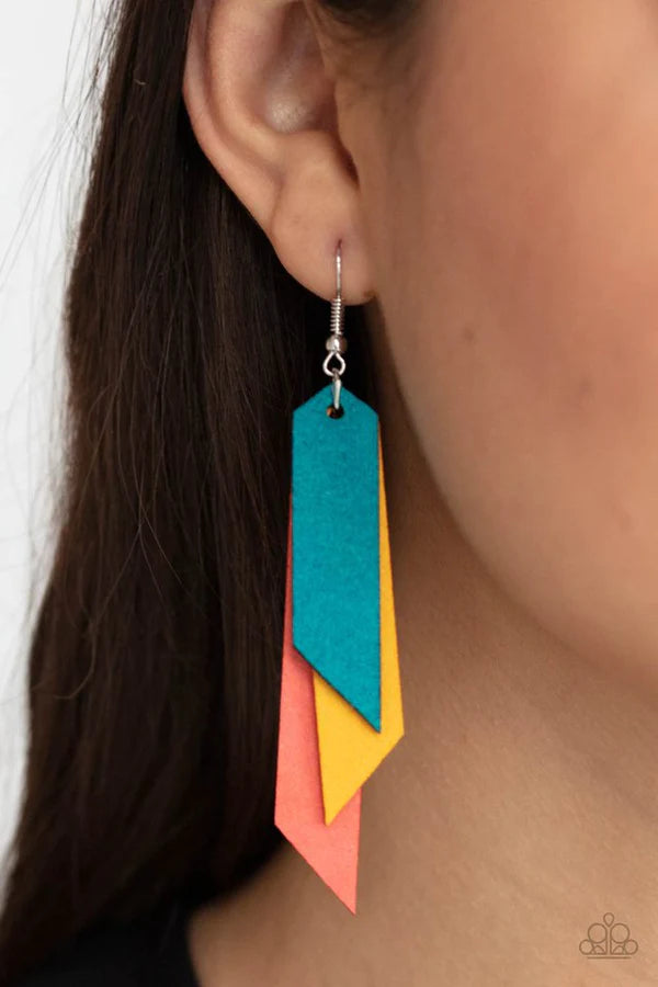 Suede Shade - Oversized Multi (Blue/Coral/Yellow) Angled Tapered Tassel Suede Leather Earrings E#069