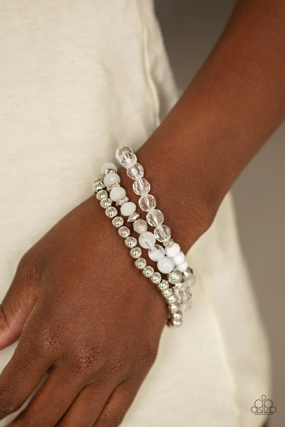 Sugary Shimmer - White/Silver Glassy Crystal Accent Bracelet Stacked B#1066
