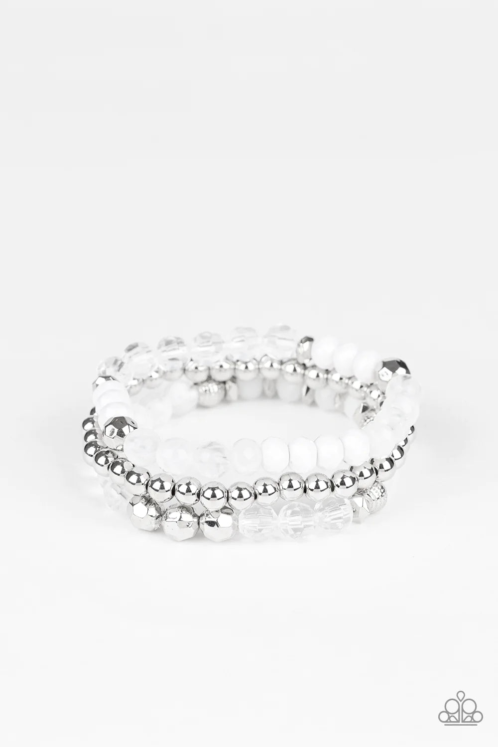 Sugary Shimmer - White/Silver Glassy Crystal Accent Bracelet Stacked B#1066
