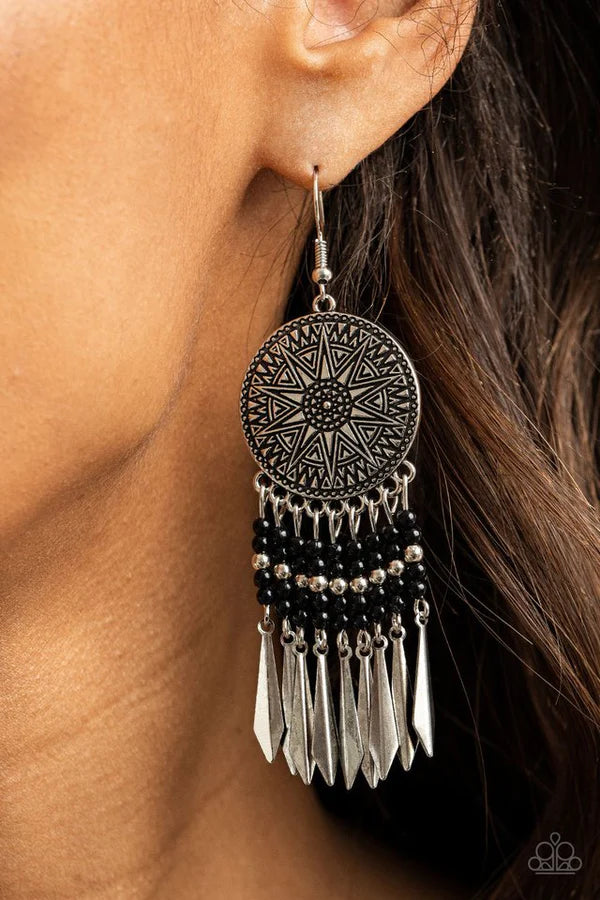 Sun Warrior - Oversized Black/Silver Sunburst Tassel Disc Fringe Earrings E#023