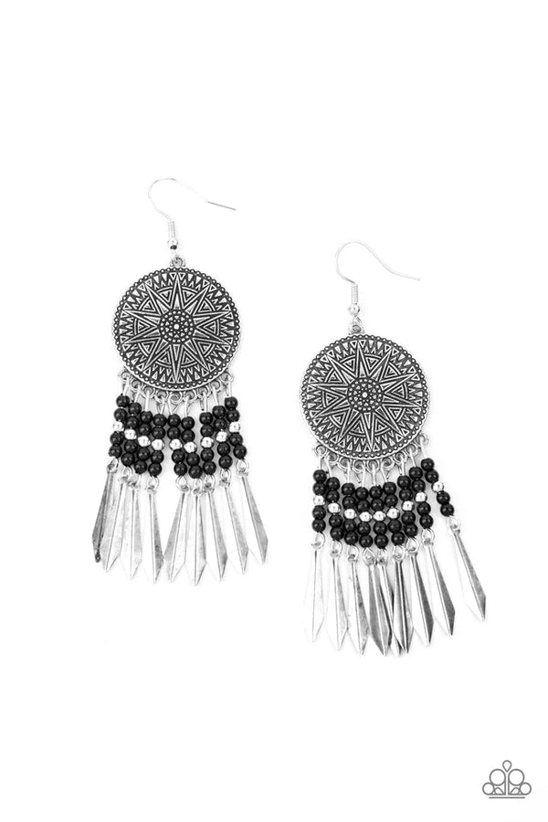 Sun Warrior - Oversized Black/Silver Sunburst Tassel Disc Fringe Earrings E#023