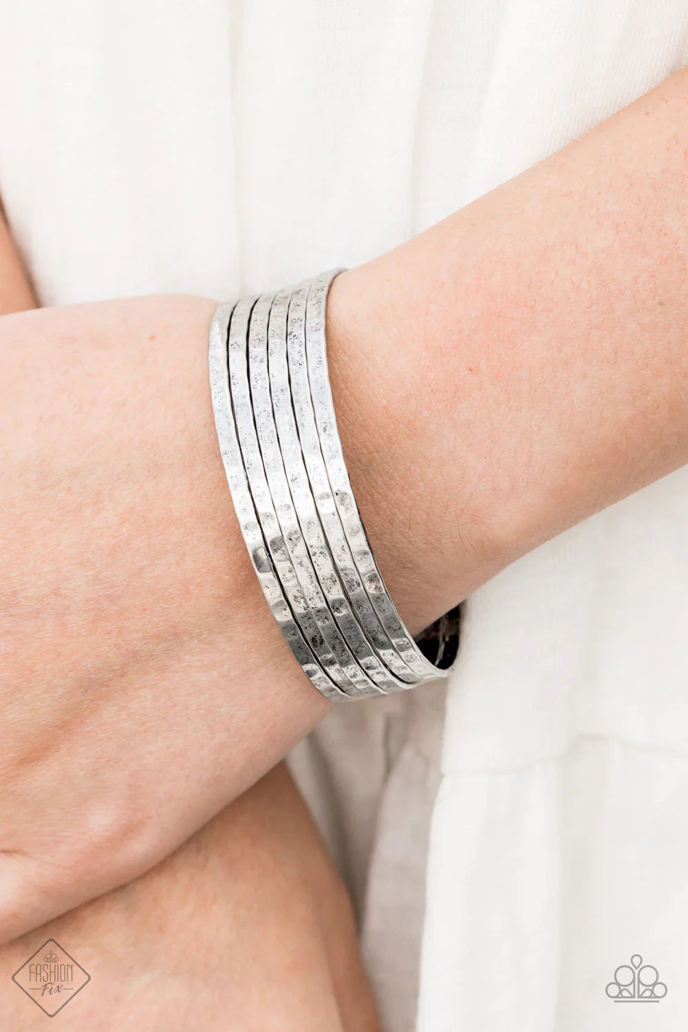 BAUBLE-Headed - Silver Duo Rod Hammered Shimmer Arc Cuff Bracelet #1094