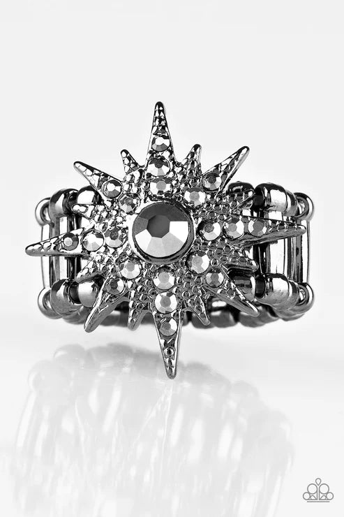 Super Stellar - Smoky Black 3D Starburst Hematite Encrusted Ring R#1849