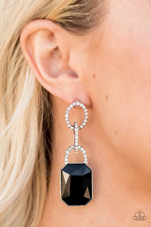 Superstar Status - Oversized Black Emerald Cut Encrusted Links Dramatic Lure  Earrings E#2216