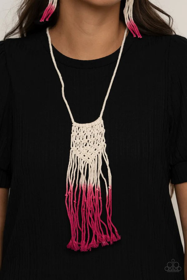Surfin The Net -  Pink Knotted Braided Macrame Necklace N#128