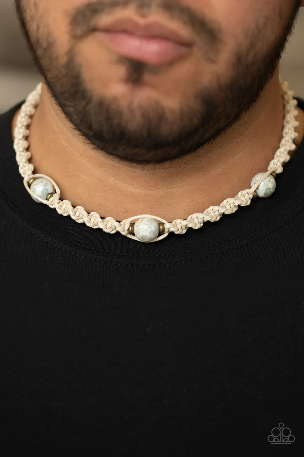 Swimming With Sharks - White Flanked Glassy Stone Knotted Braided Cord Button Loop Closure Urban Necklace N#417