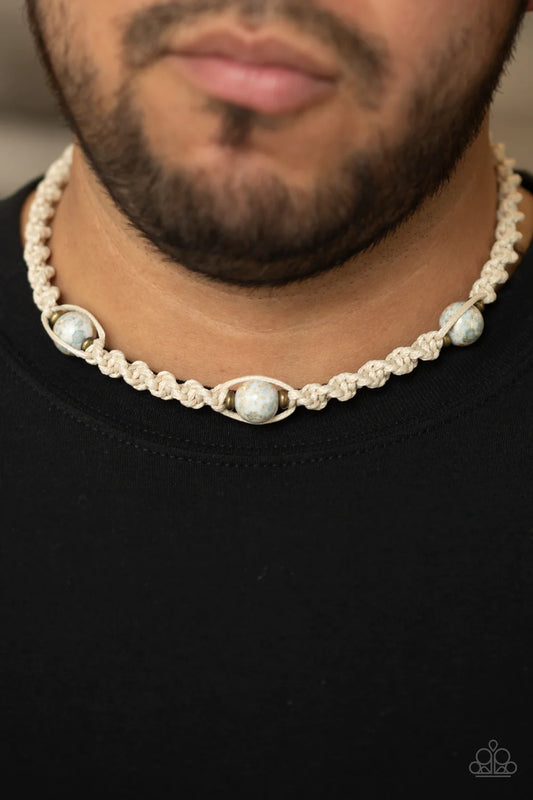 Swimming With Sharks - White Flanked Glassy Stone Knotted Braided Cord Button Loop Closure Urban Necklace N#417