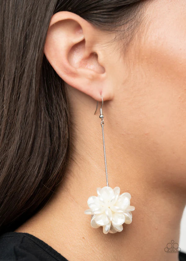 Swing Big - Oversized White/Silver Suspended Faceted Pearl Cluster Teardrop Earrings E#169