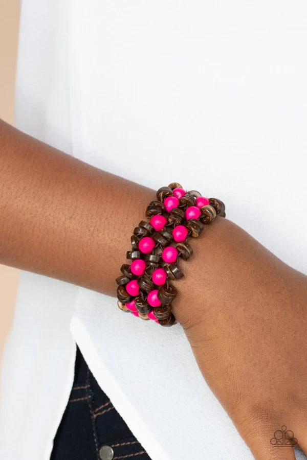 Tahiti Tourist - Pink/Brown Tropical Distressed Disc Wood Bracelet B#440