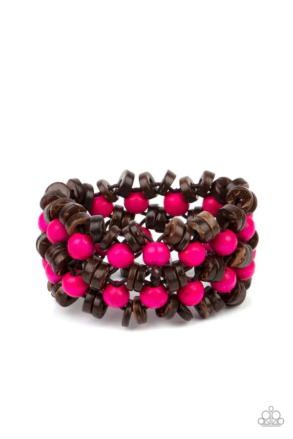 Tahiti Tourist - Pink/Brown Tropical Distressed Disc Wood Bracelet B#440