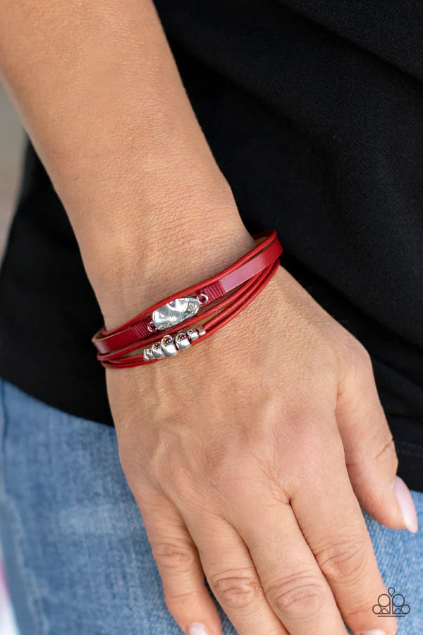 Tahoe Tourist - Red Magnetic Hammered Knotted Teardrop Cord Accent Leather Bracelet B#552