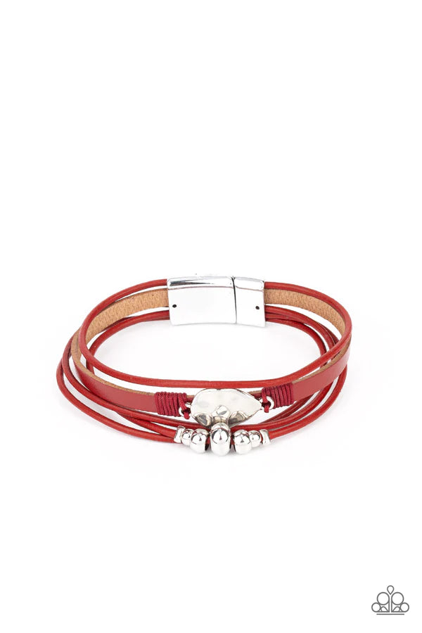 Tahoe Tourist - Red Magnetic Hammered Knotted Teardrop Cord Accent Leather Bracelet B#552