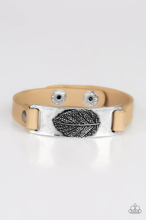 Take The LEAF - Brown Soybean Looped Studded Embossed 3D Leaf Leather Bracelet B#2116