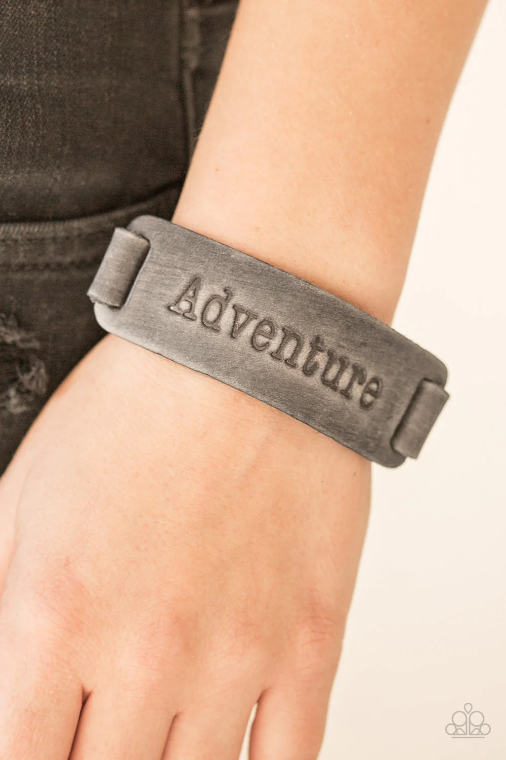 Take The Scenic Route - Oversized Silver/Gray Rustic Stamped “Adventure” Leather Urban Bracelet B#1156