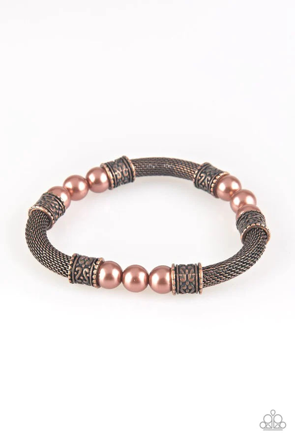 Talk Some SENSEI - Copper Pearl Mesh Chain Accent Bracelet B#1016
