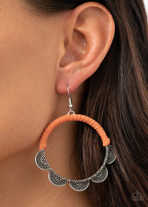 Tambourine Trend - Oversized Orange (Amberglow) Studded Ruffles Fan Out Airy Hoop Wrapped Suede Accent Earrings E#2641