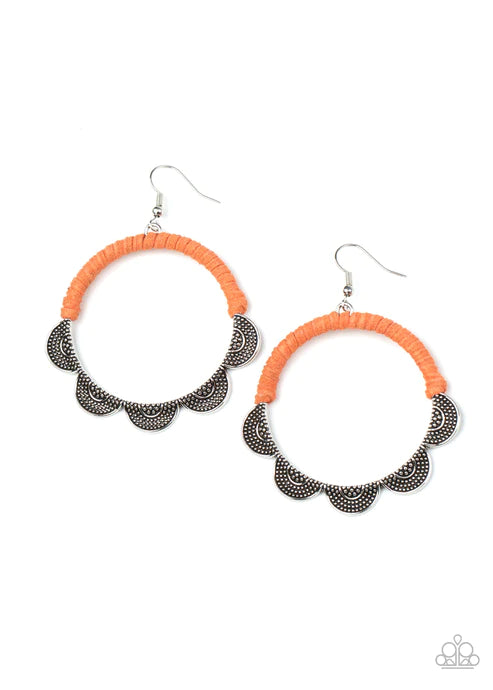 Tambourine Trend - Oversized Orange (Amberglow) Studded Ruffles Fan Out Airy Hoop Wrapped Suede Accent Earrings E#2641