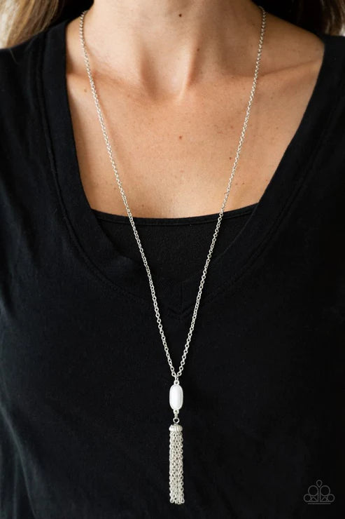 Tassel Tease - White Faceted Tassel Stream Necklace N#1825